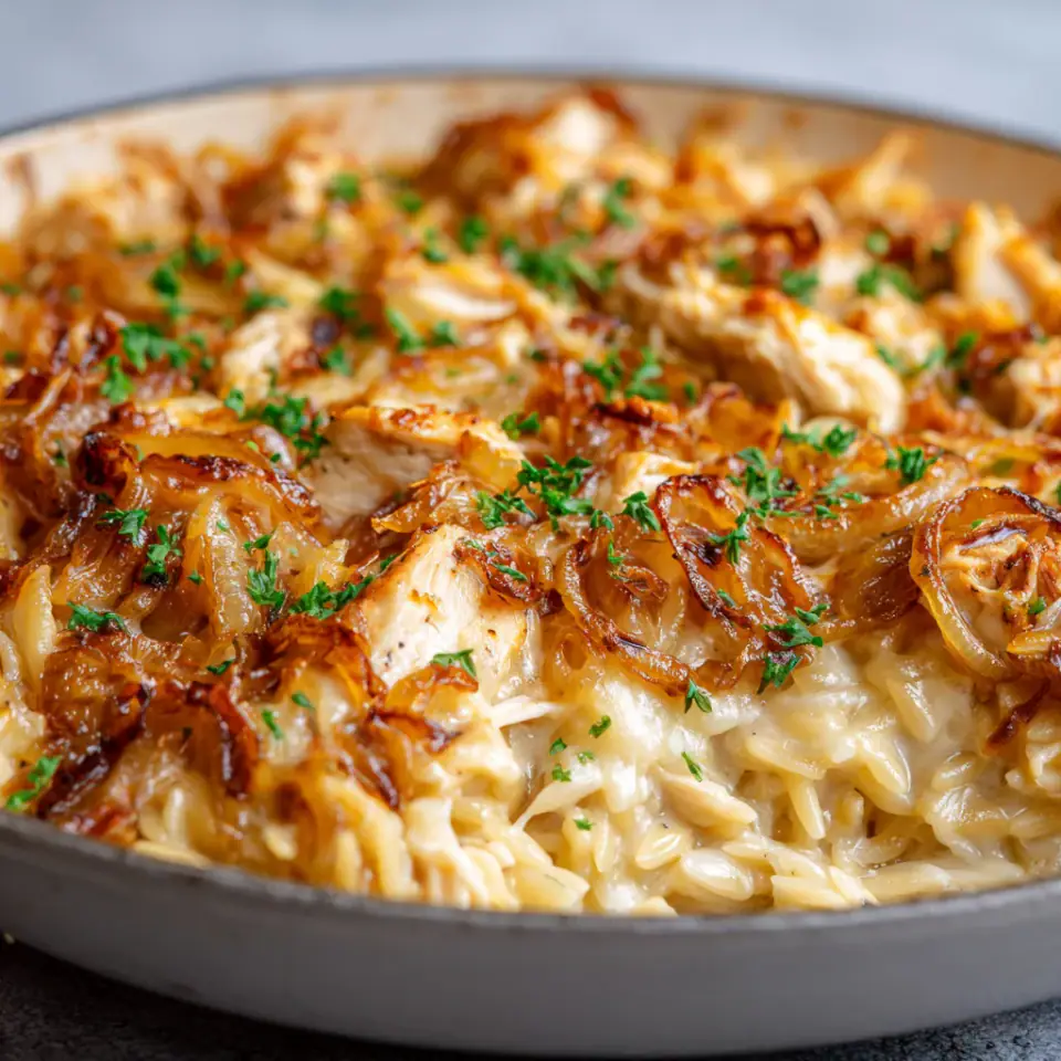 Caramelized Onion Chicken Orzo Bake, ready to serve