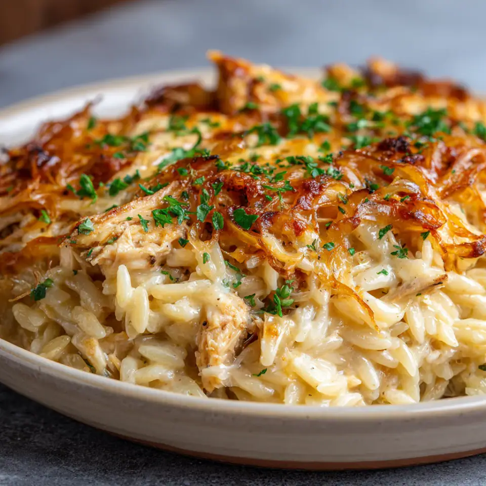 A close look at Caramelized Onion Chicken Orzo Bake