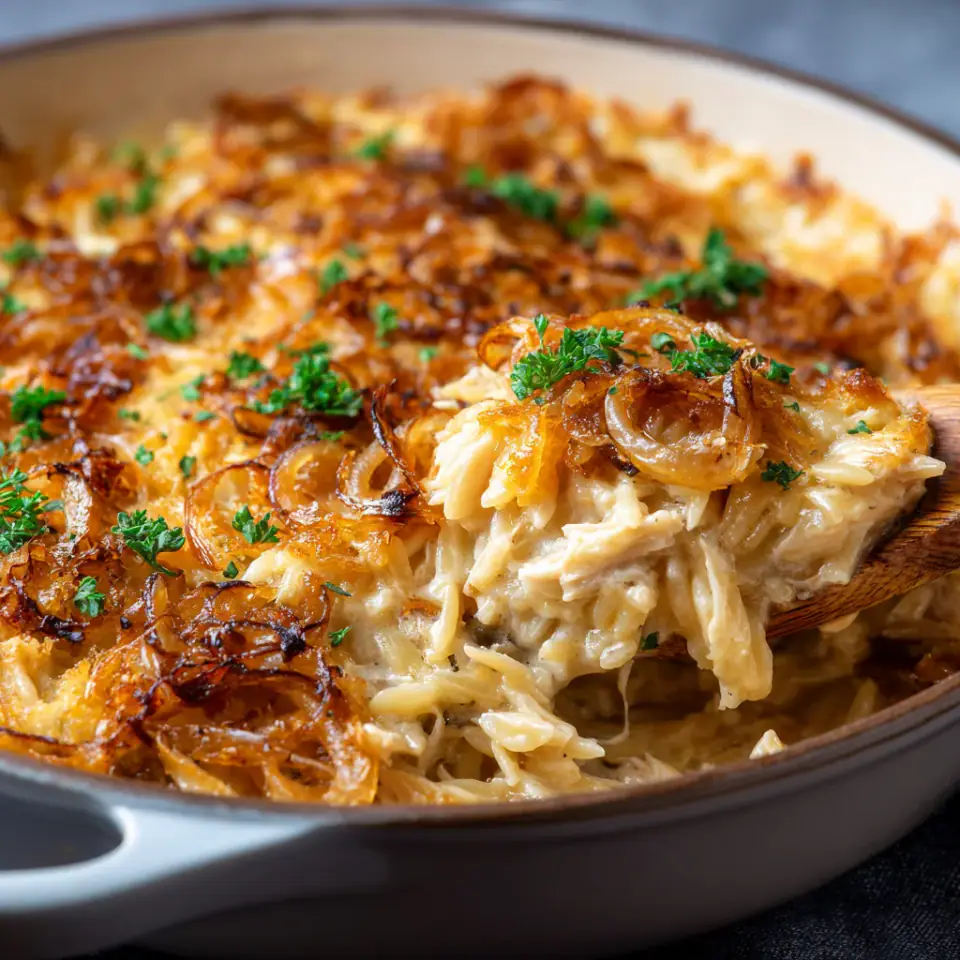 Caramelized Onion Chicken Orzo Bake served on the table