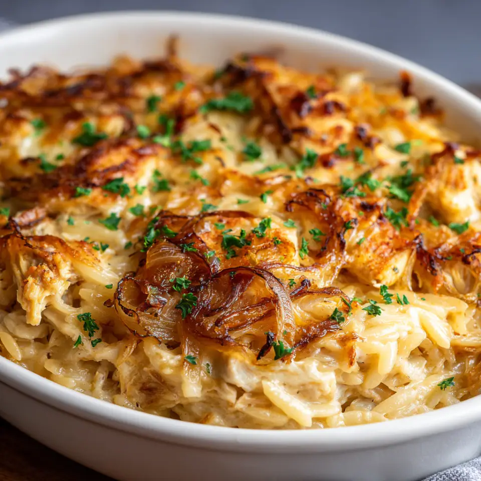 Caramelized Onion Chicken Orzo Bake
