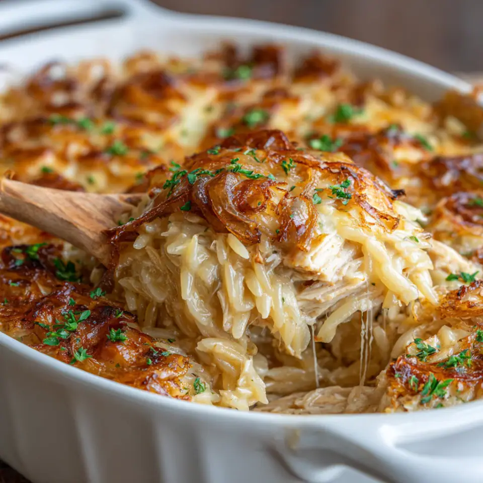 French Onion Chicken Orzo Casserole