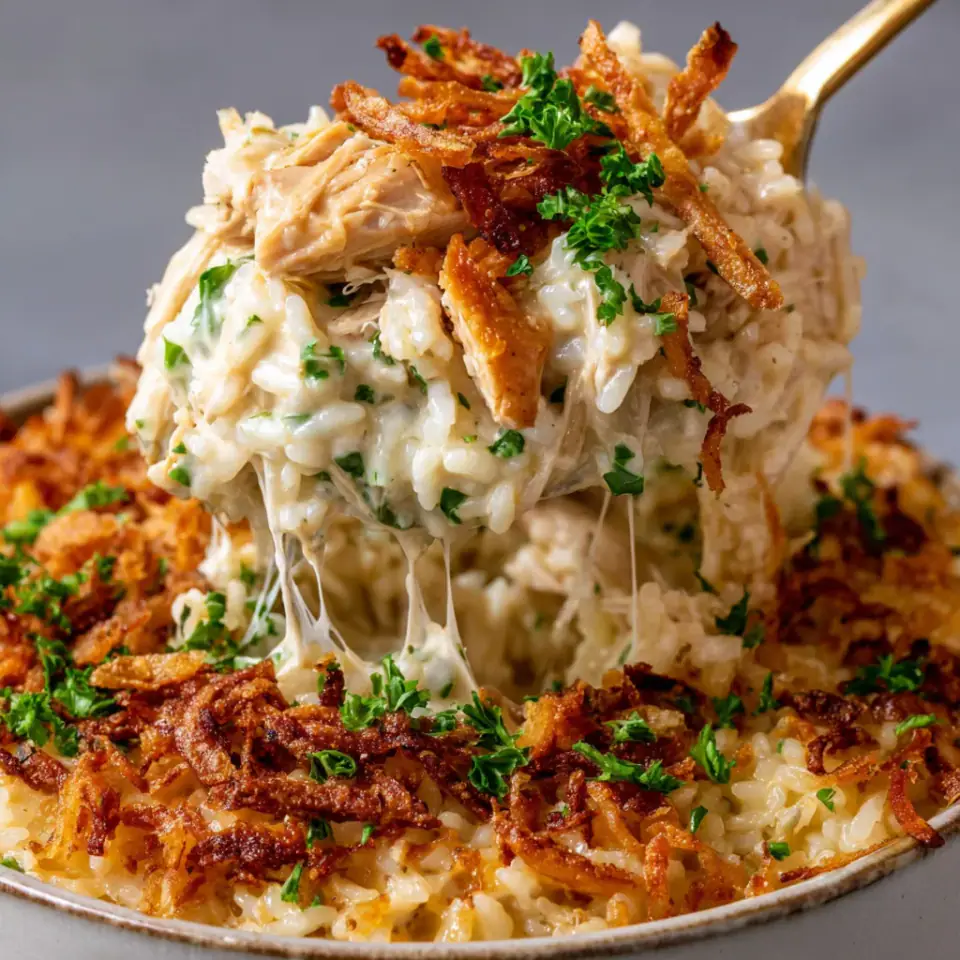 French Onion Chicken Rice Bake, ready to serve