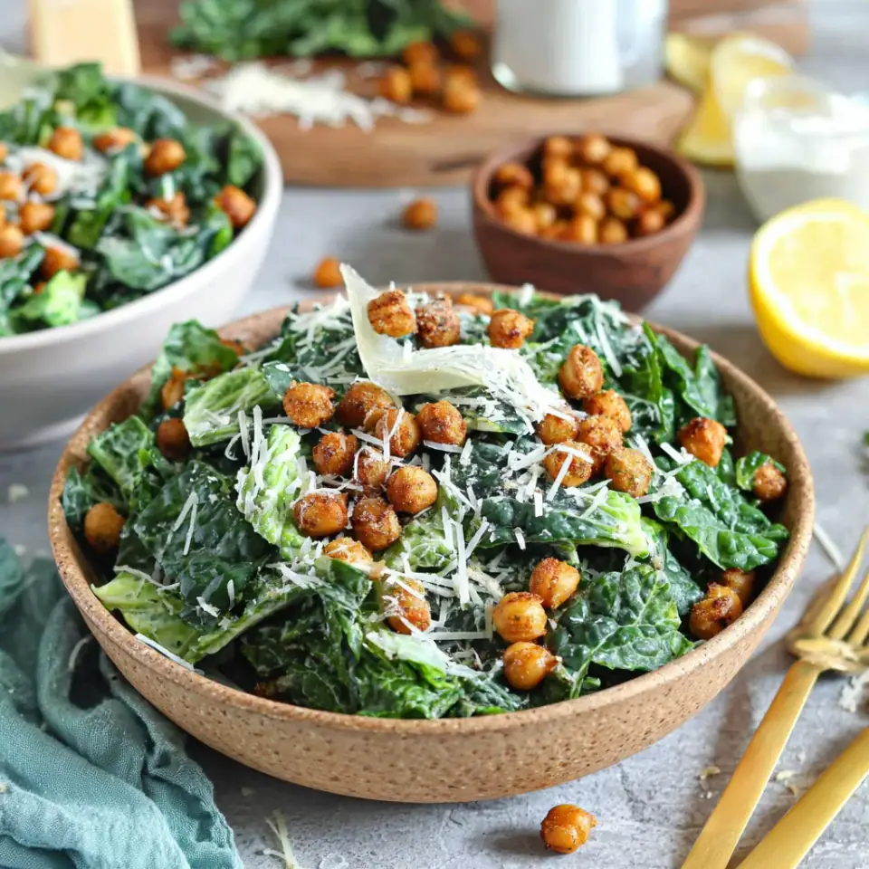 Fresh Kale Caesar Salad with Crispy Chickpeas, ready to serve