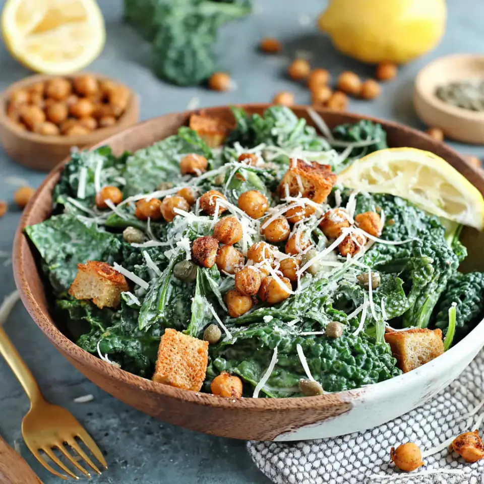 A close look at Fresh Kale Caesar Salad with Crispy Chickpeas