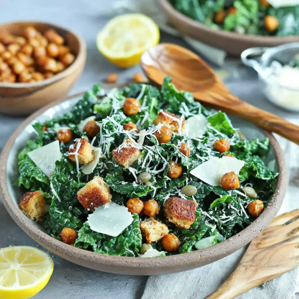 Fresh Kale Caesar Salad with Crispy Chickpeas served on the table