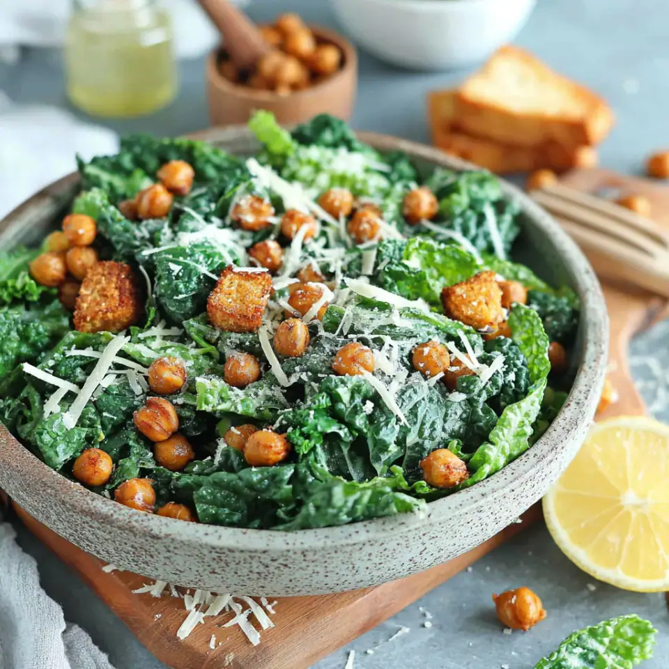 Fresh Kale Caesar Salad with Crispy Chickpeas