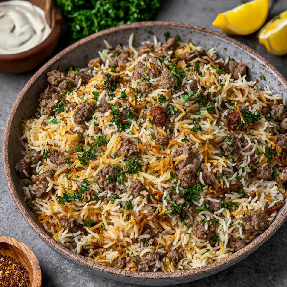 Hashweh with Lebanese Rice Pilaf, ready to serve
