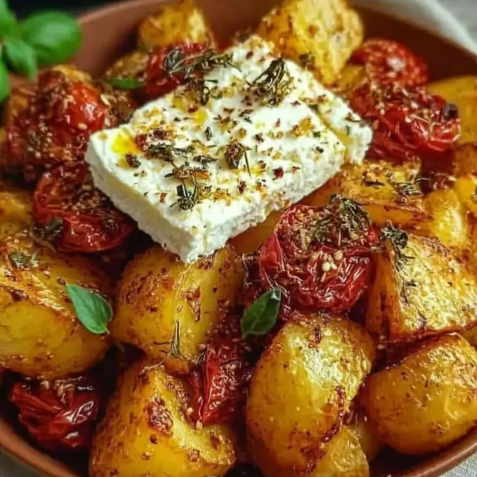 Baked Feta Potatoes with Cherry Tomatoes, ready to serve
