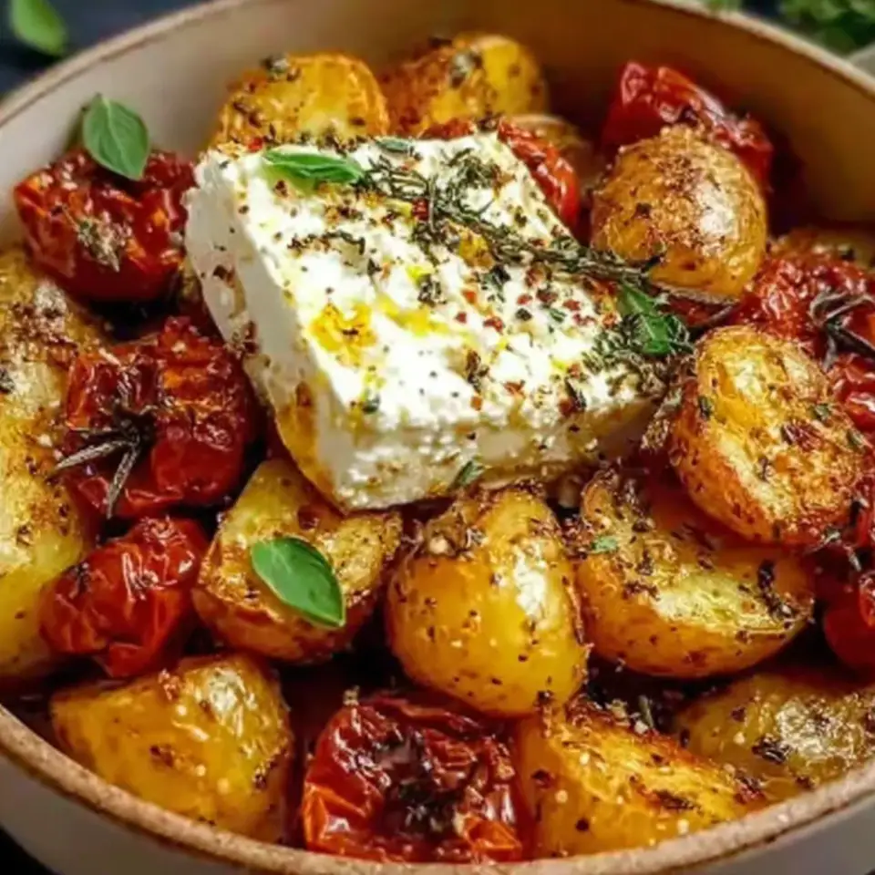 A close look at Baked Feta Potatoes with Cherry Tomatoes