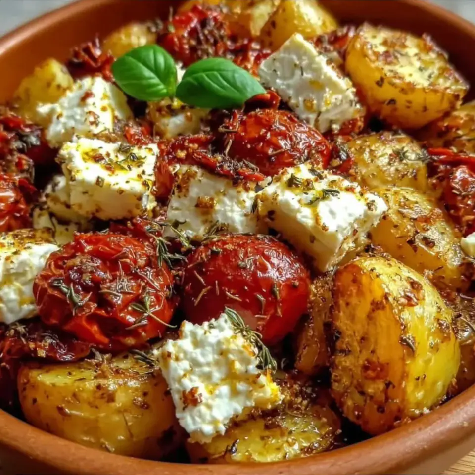 Baked Feta Potatoes with Cherry Tomatoes served on the table