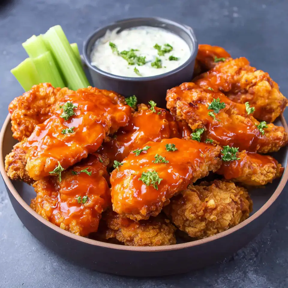 Heart Healthy Buffalo Chicken Tenders served on the table