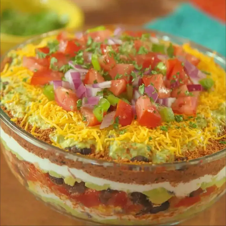 Heart Healthy Seven Layer Dip, ready to serve