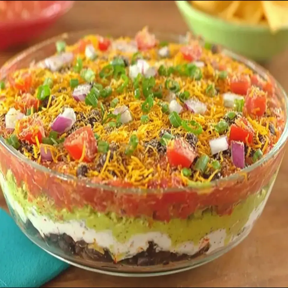 Heart Healthy Seven Layer Dip served on the table