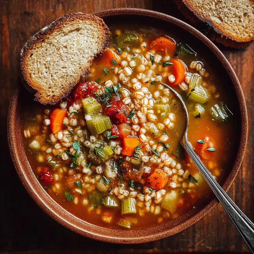 Hearty Barley Vegetable Soup, ready to serve