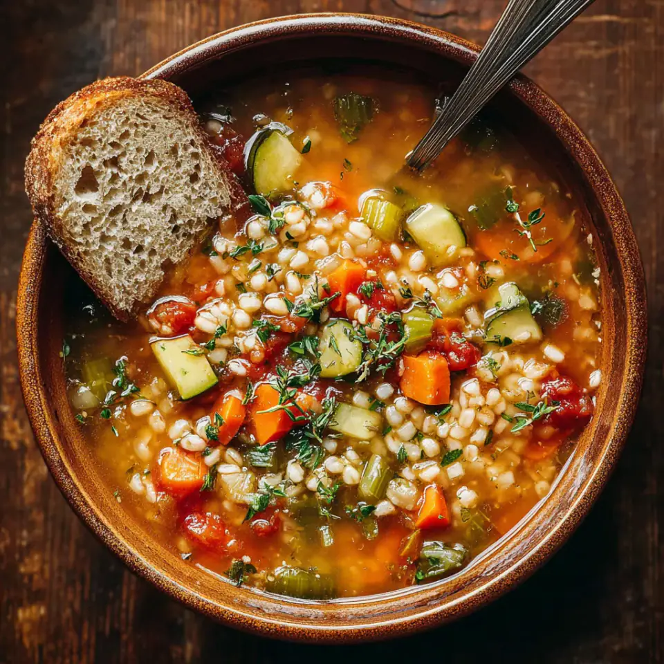 Hearty Barley Vegetable Soup served on the table