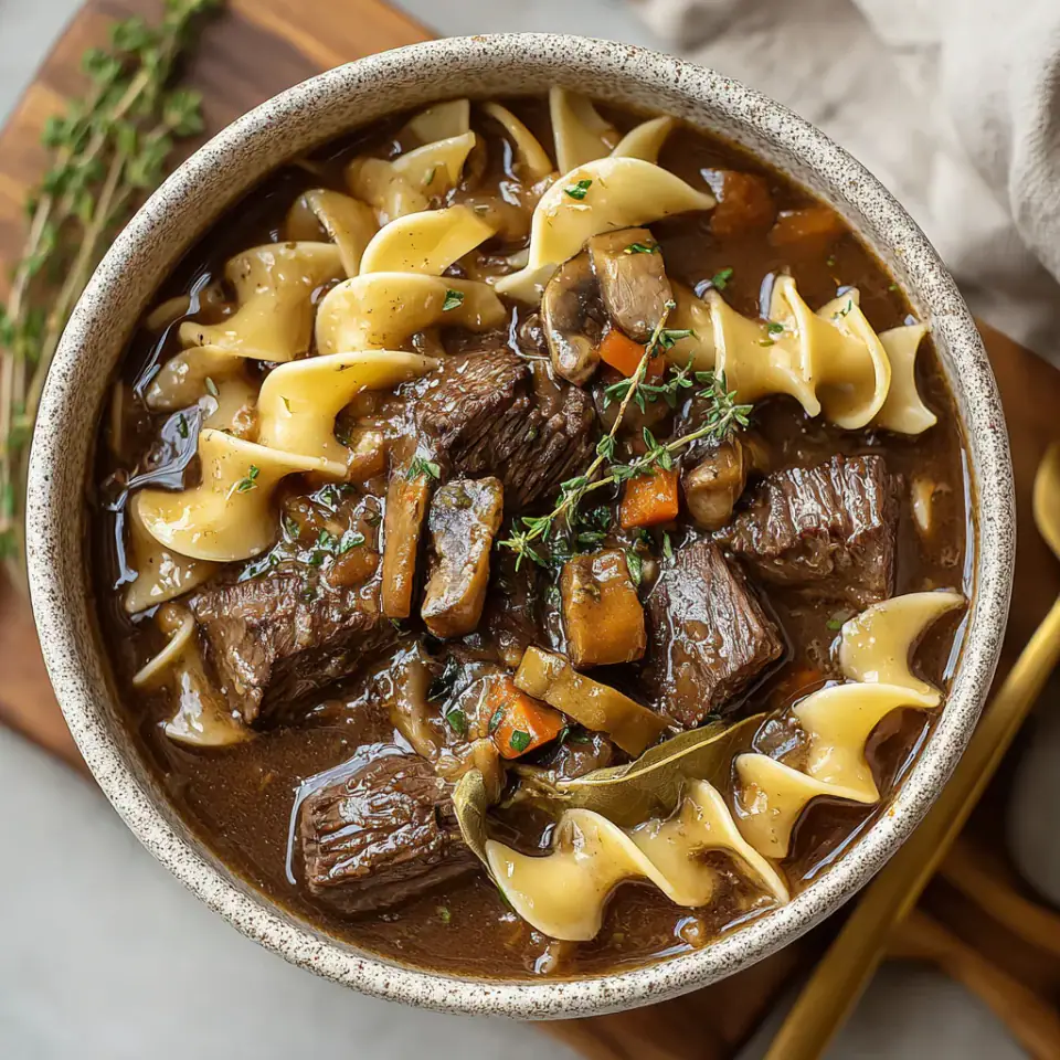 Homemade Beef and Noodles served on the table