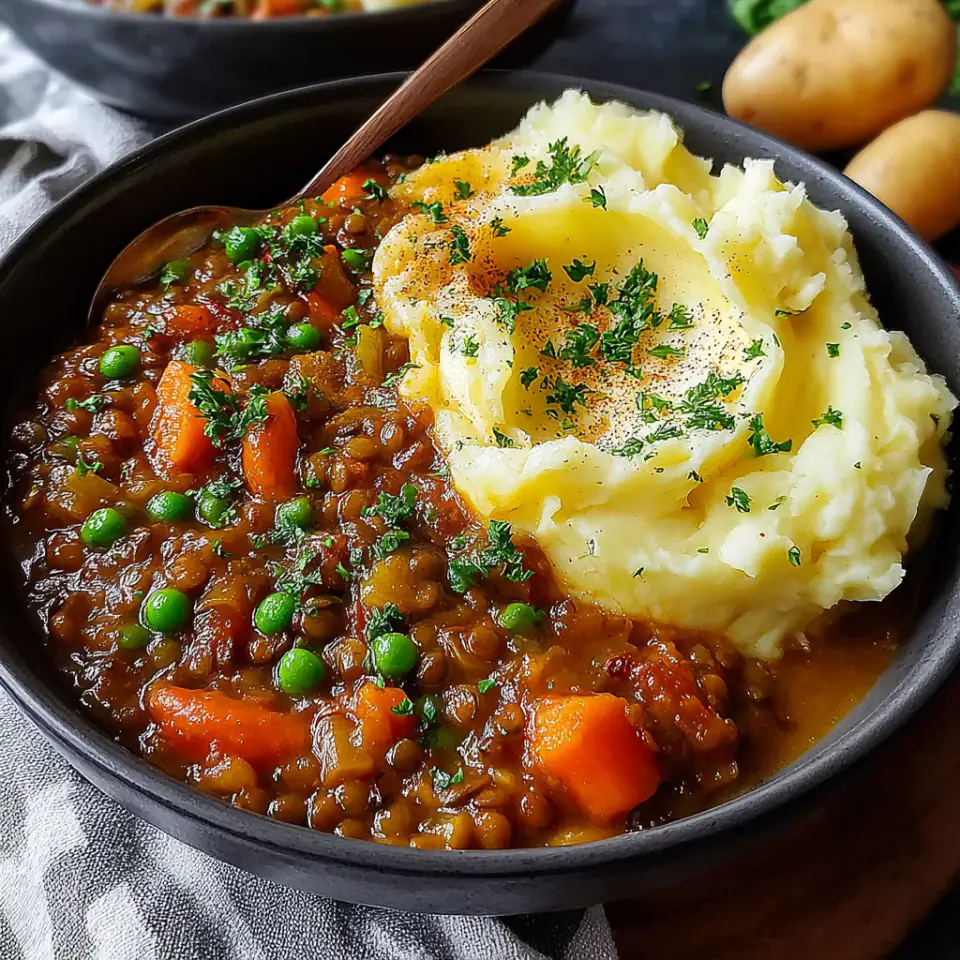 Hearty Lentil Stew with Creamy Mashed Potatoes, ready to serve