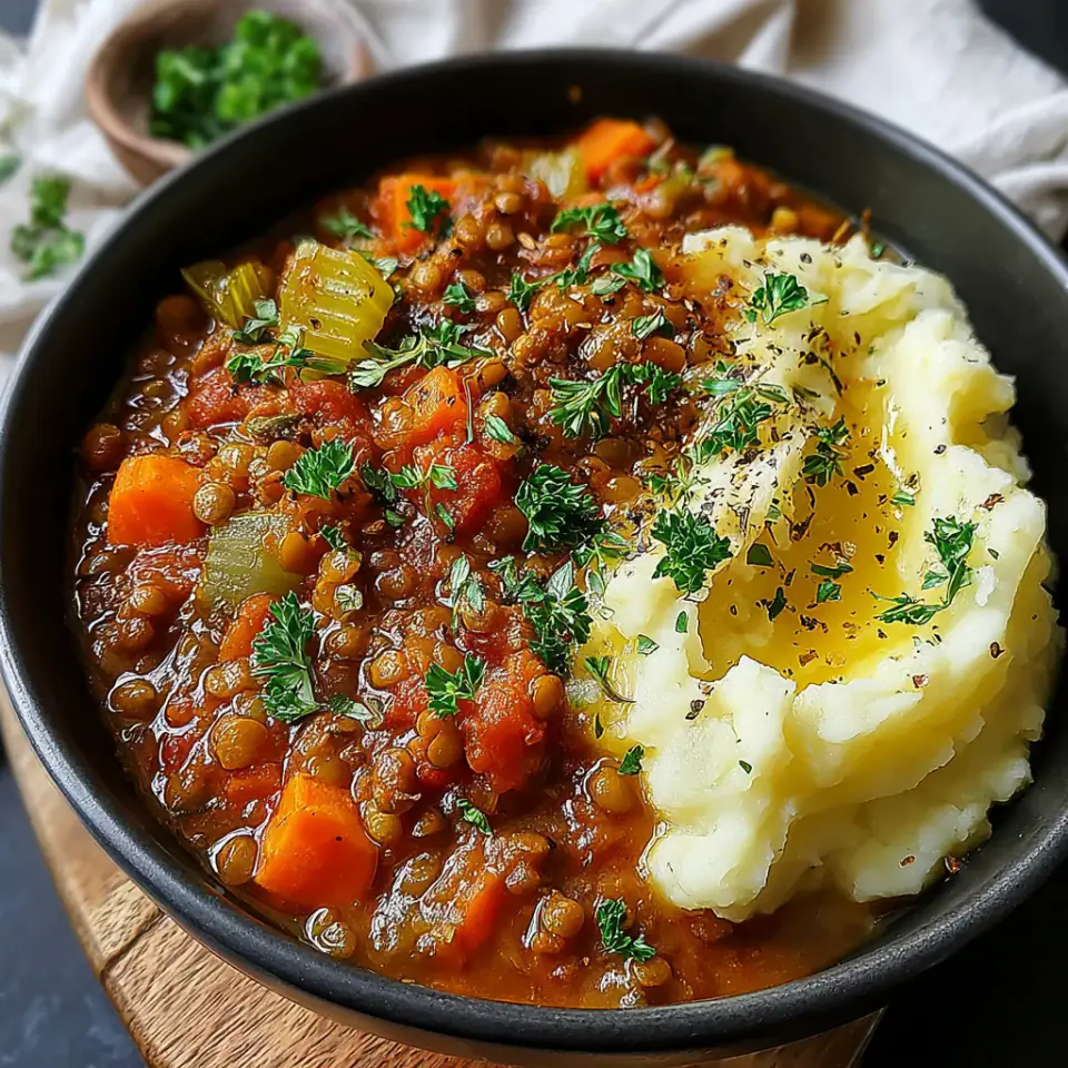 A close look at Hearty Lentil Stew with Creamy Mashed Potatoes