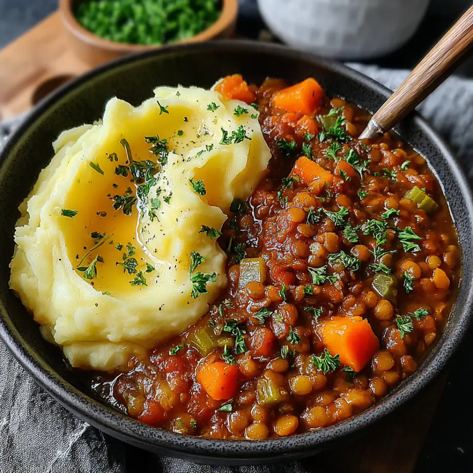 Hearty Lentil Stew with Creamy Mashed Potatoes served on the table