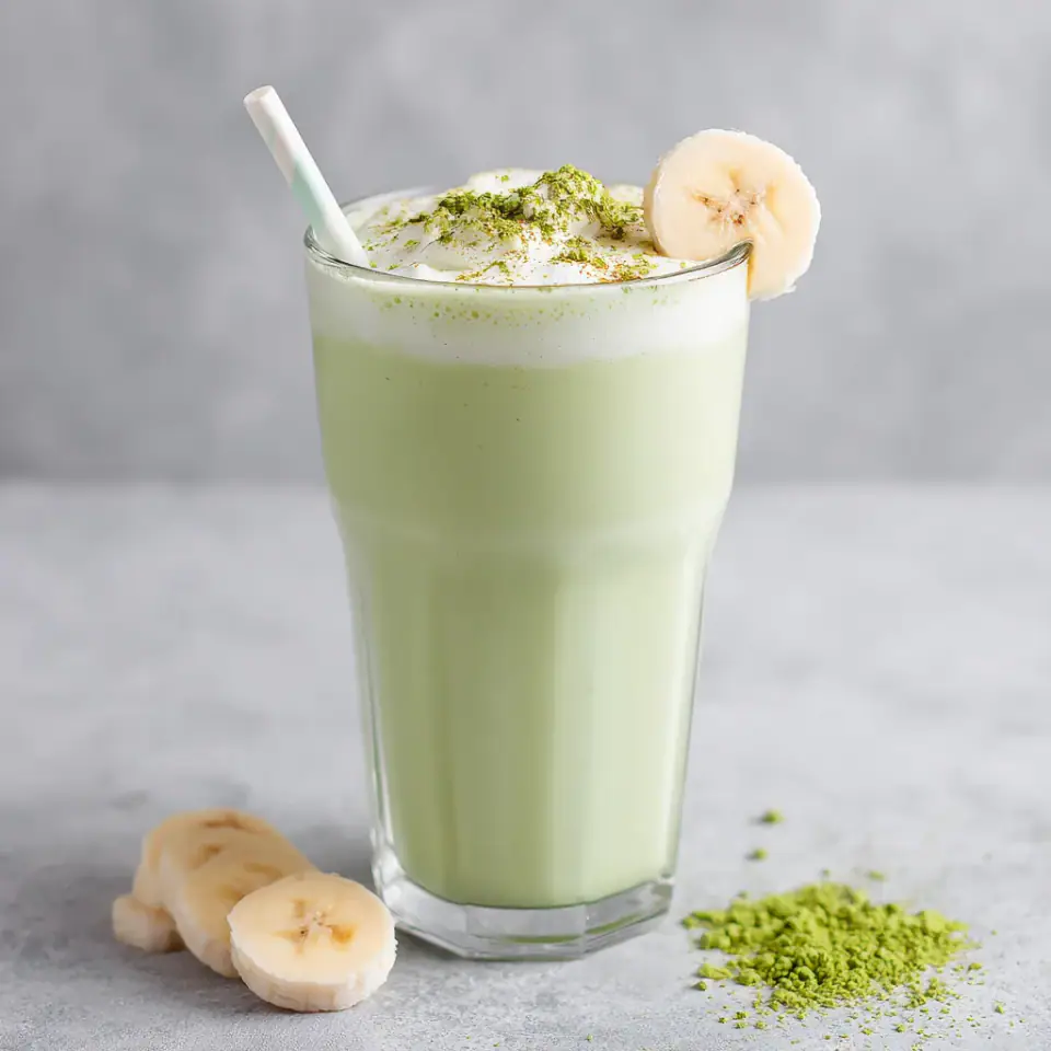 Homemade Banana Matcha Smoothie served on the table