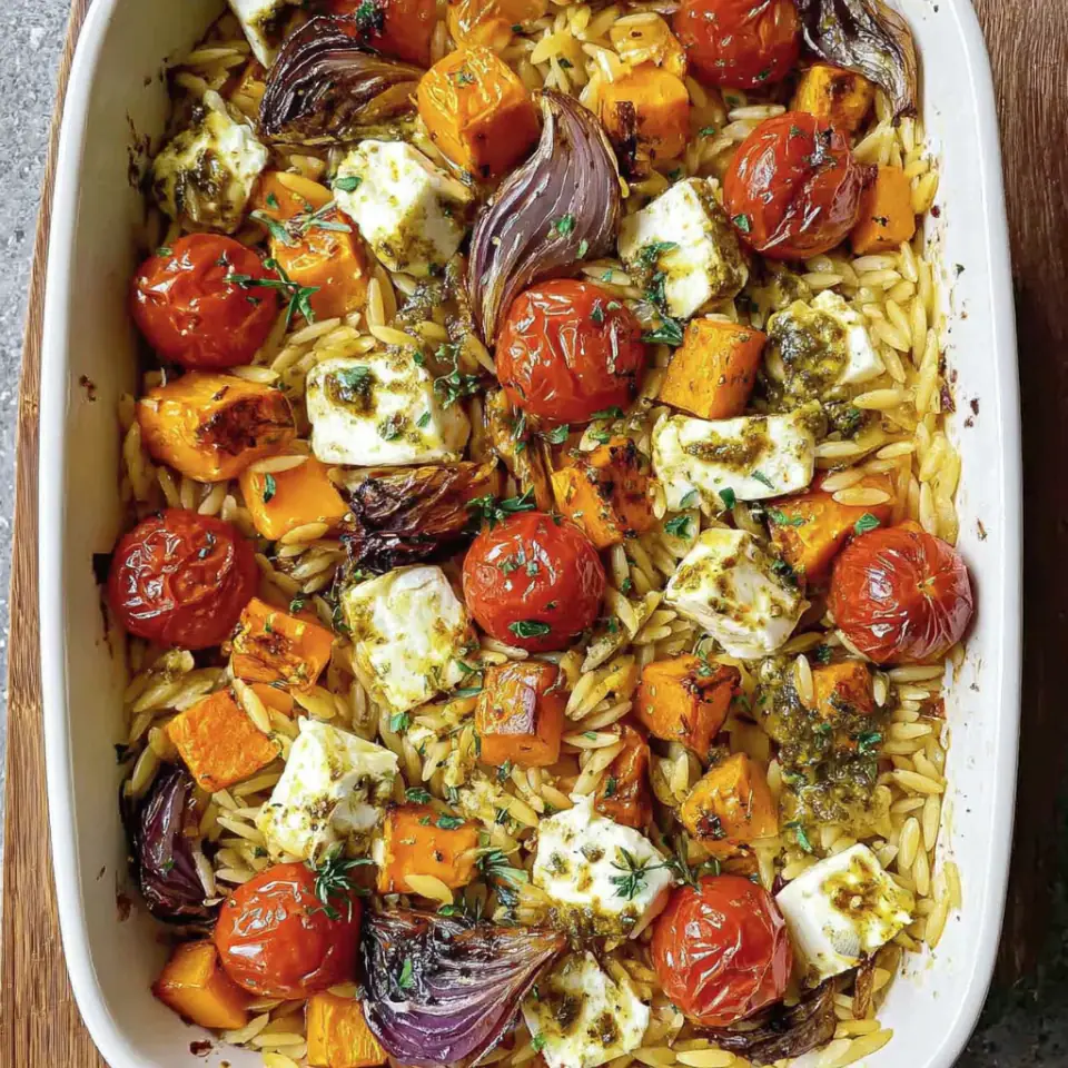 Butternut Squash Orzo Bake with Halloumi, ready to serve