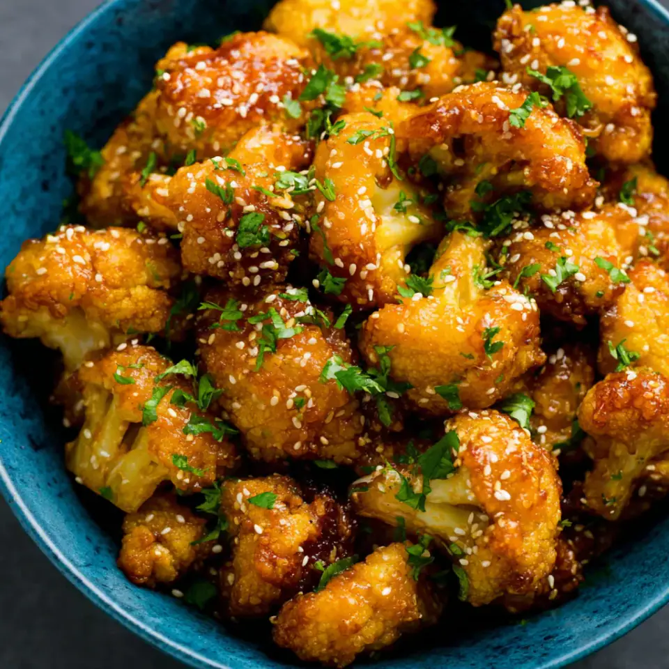 Honey Garlic Air Fryer Cauliflower Wings served on the table