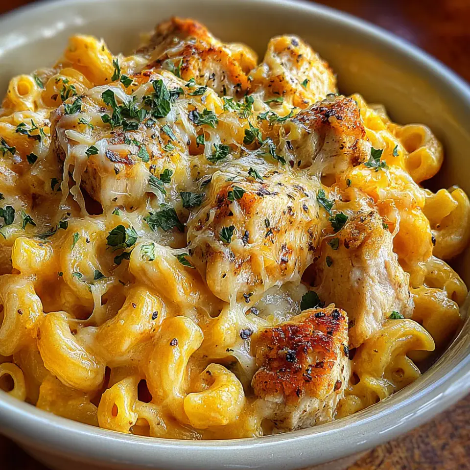 Honey Pepper Chicken Mac and Cheese, ready to serve