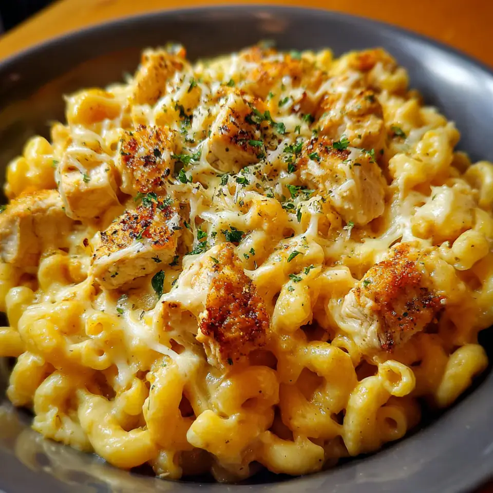 Honey Pepper Chicken Mac and Cheese served on the table