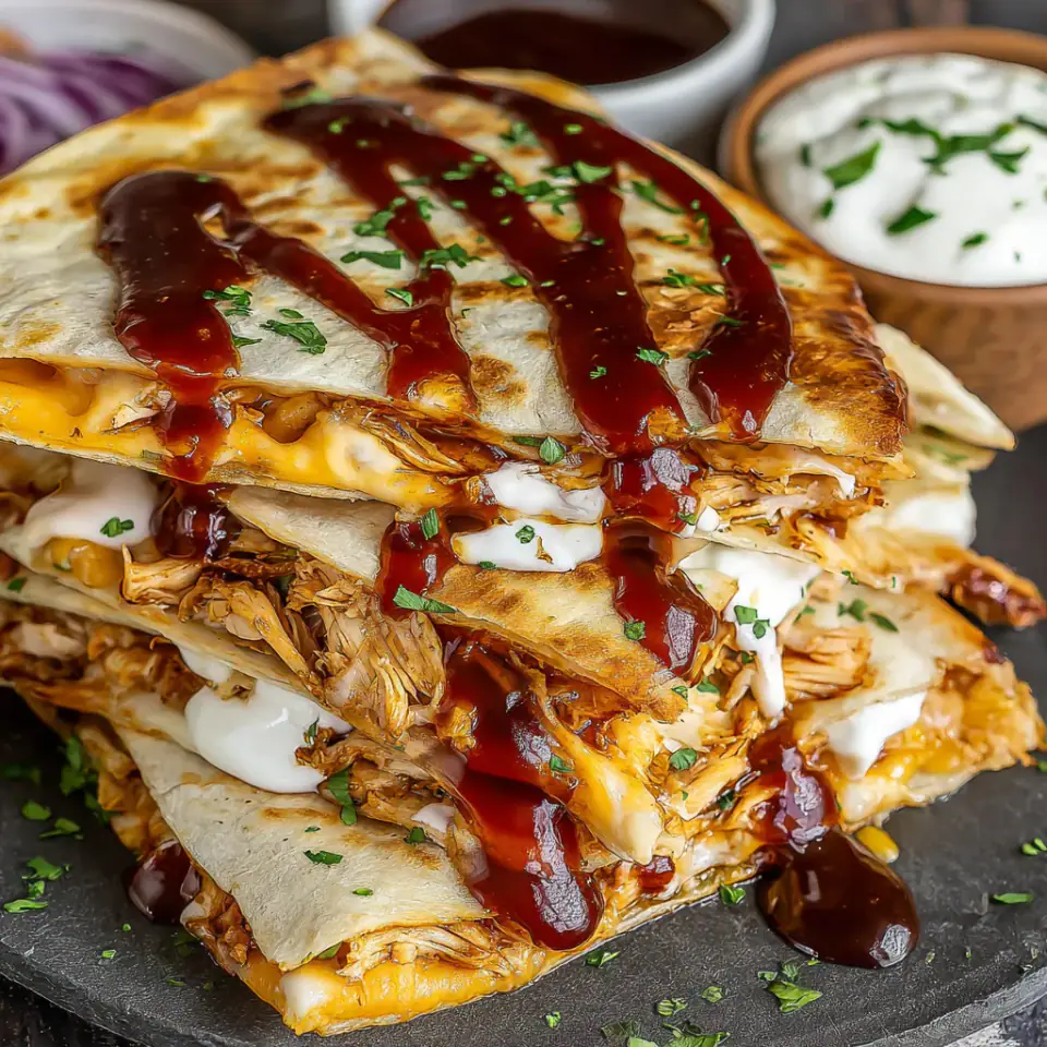 Hot Honey BBQ Chicken Quesadillas, ready to serve