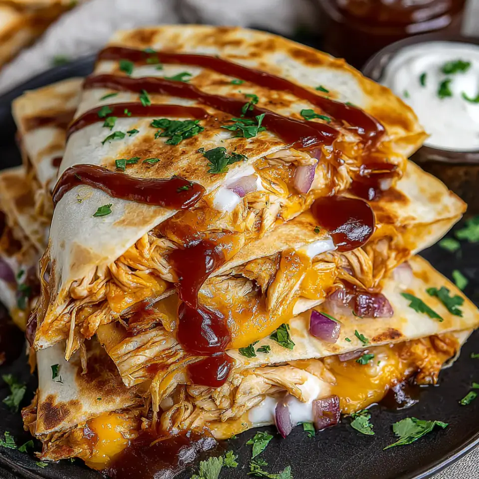 Hot Honey BBQ Chicken Quesadillas served on the table
