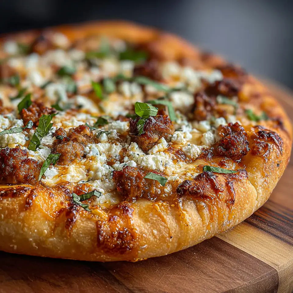 Hot Sausage Feta Honey Pizza, ready to serve