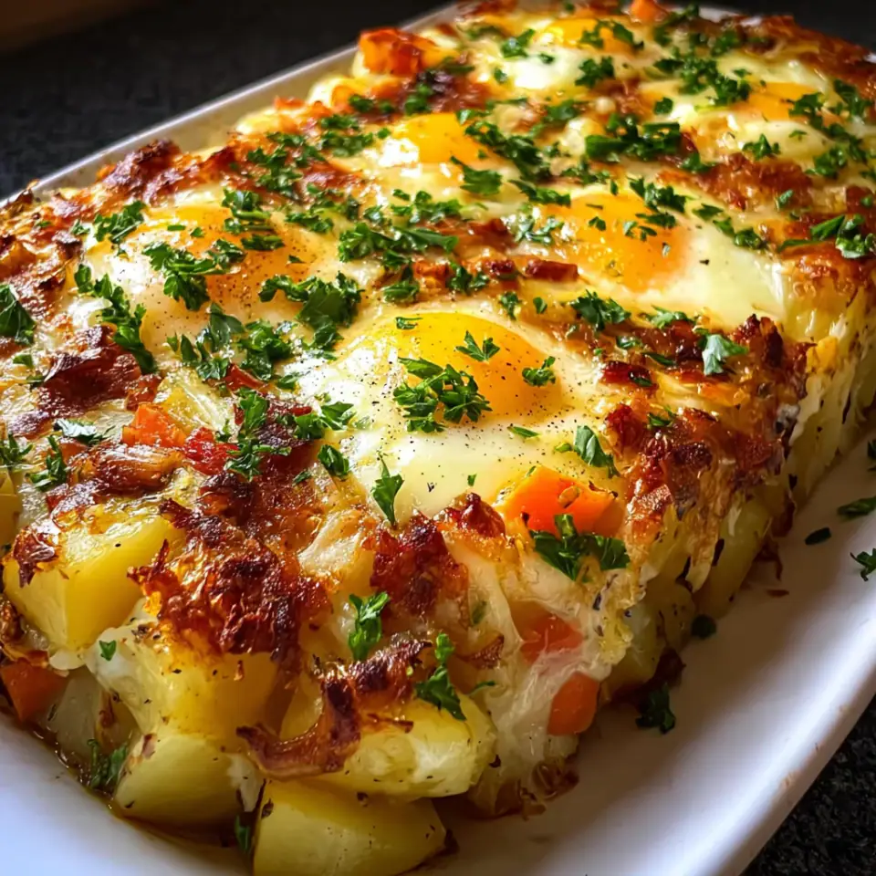 Potato and Minced Meat Gratin with Cheesy Egg Topping