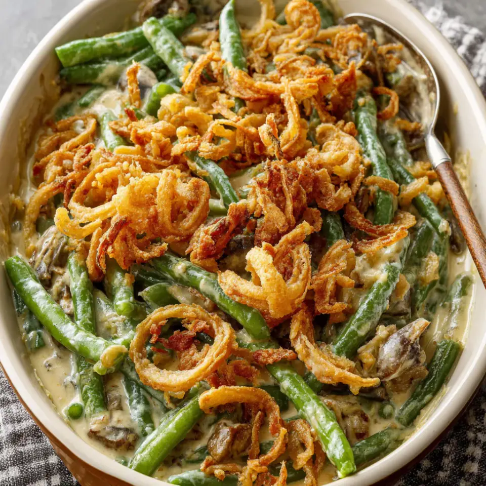 Classic Green Bean Casserole served on the table