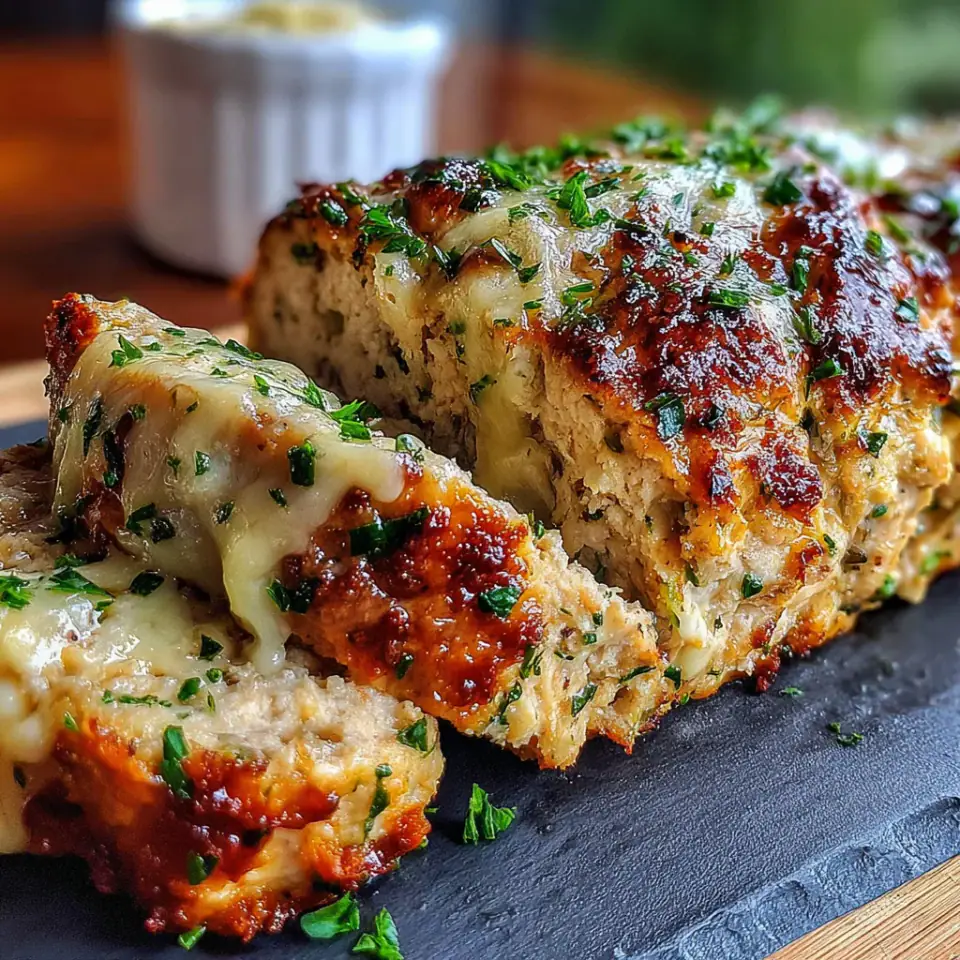 Garlic Parmesan Chicken Meatloaf, ready to serve
