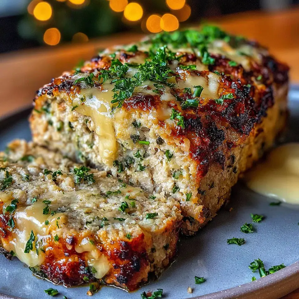 Garlic Parmesan Chicken Meatloaf served on the table