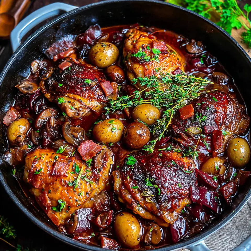 Julia Child’s Coq au Vin Recipe, ready to serve