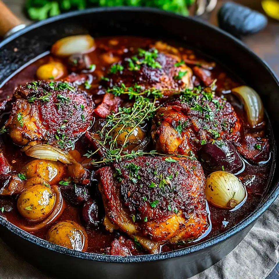 Julia Child’s Coq au Vin Recipe served on the table