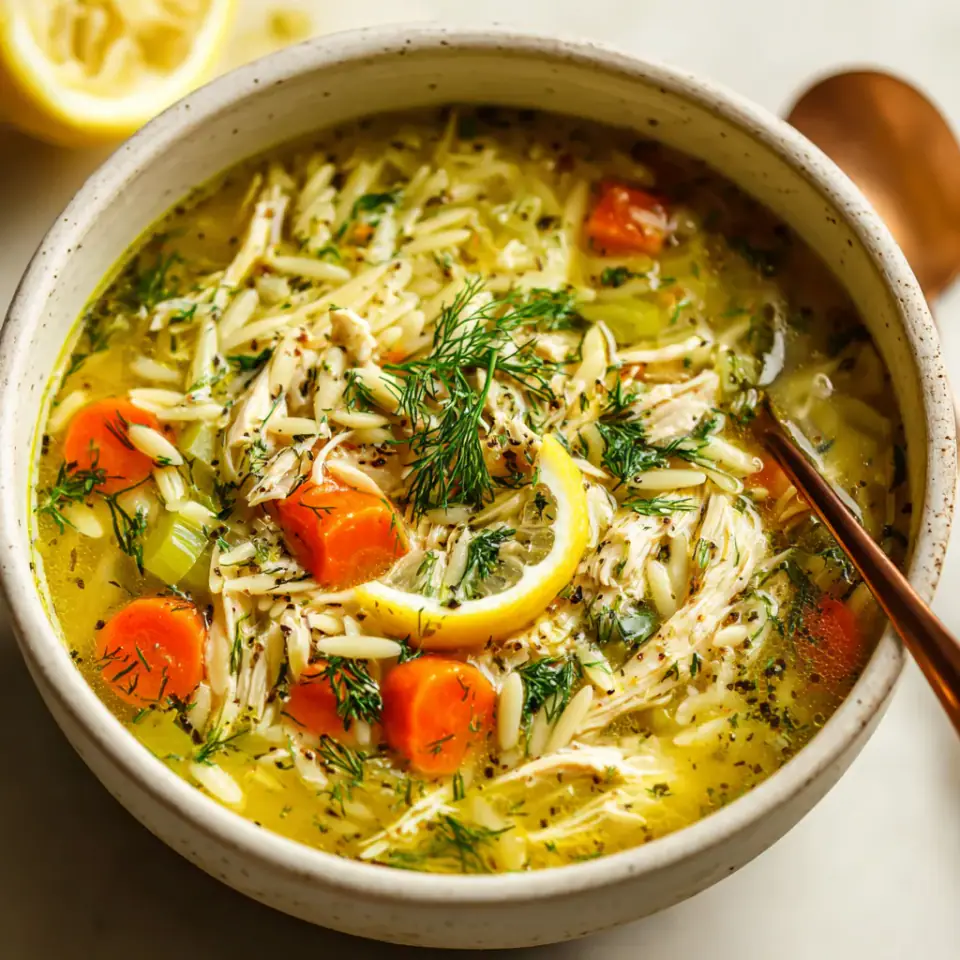 Lemon Dill Chicken Orzo Soup, ready to serve