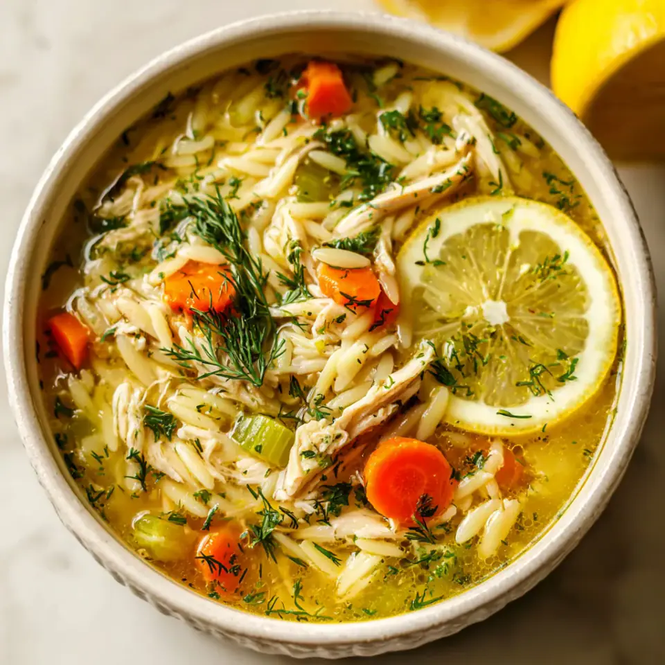 Lemon Dill Chicken Orzo Soup served on the table