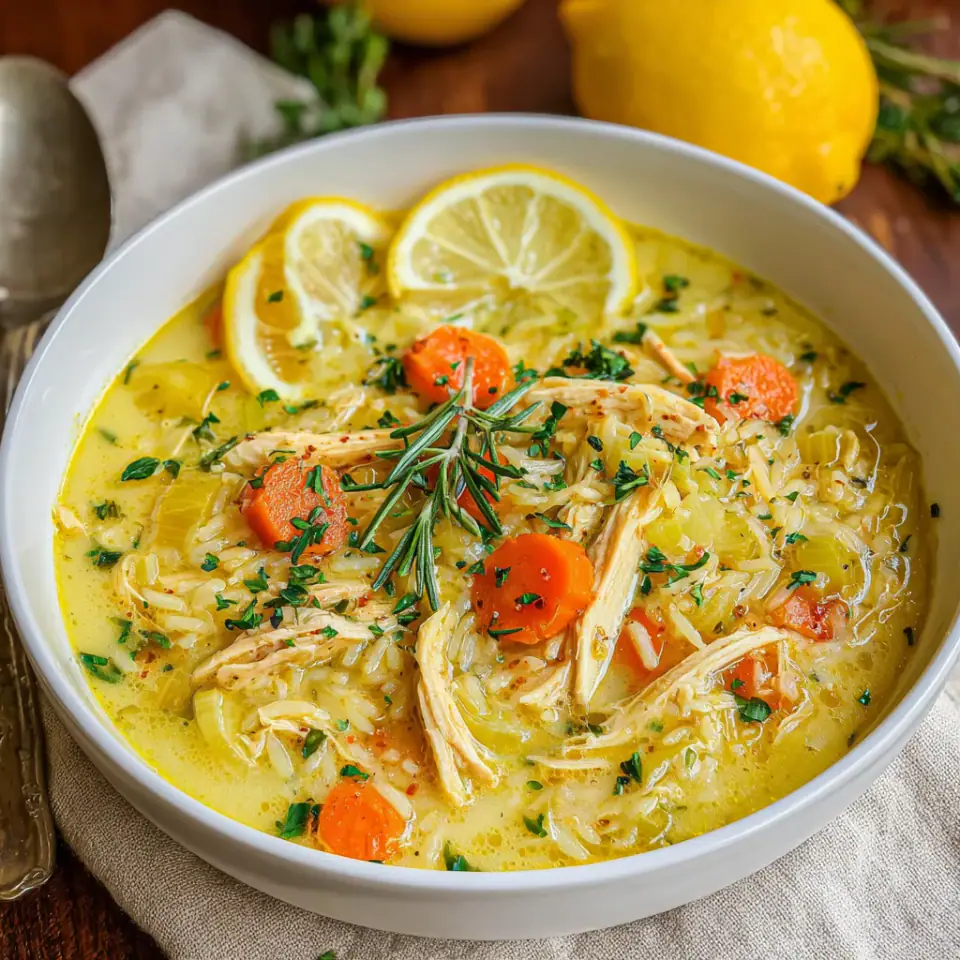 Lemon Ginger Turmeric Chicken and Rice Soup, ready to serve