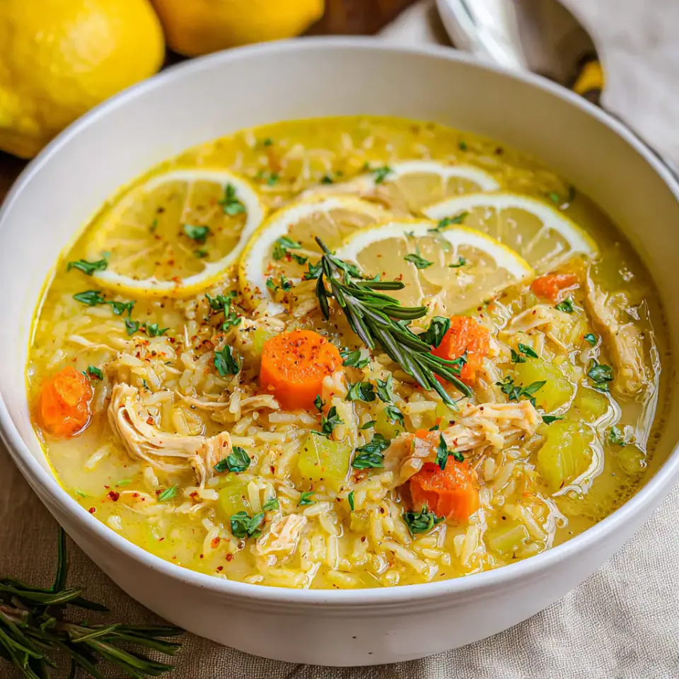 Lemon Ginger Turmeric Chicken and Rice Soup served on the table