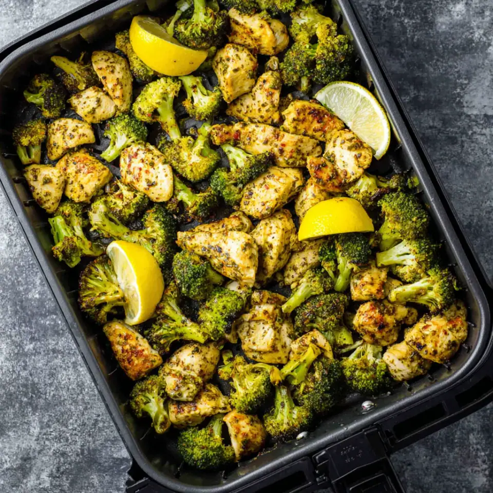 A close look at Lemon Pepper Air Fryer Chicken Broccoli