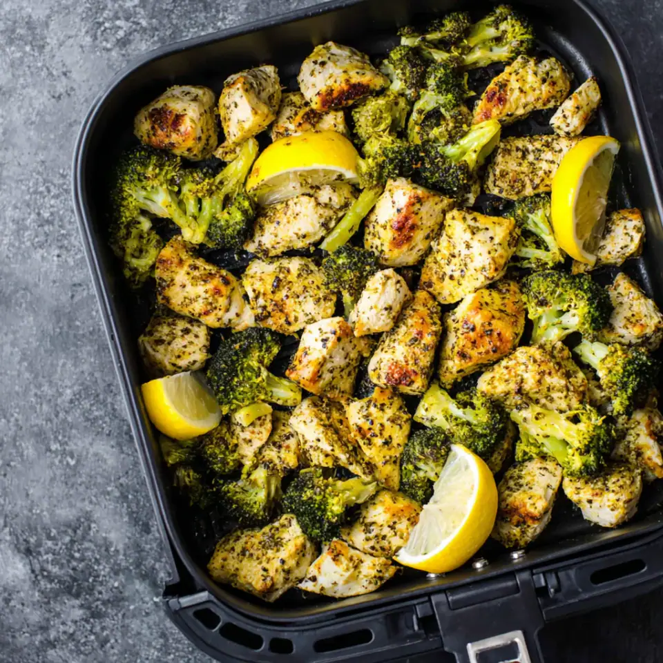 Lemon Pepper Air Fryer Chicken Broccoli served on the table