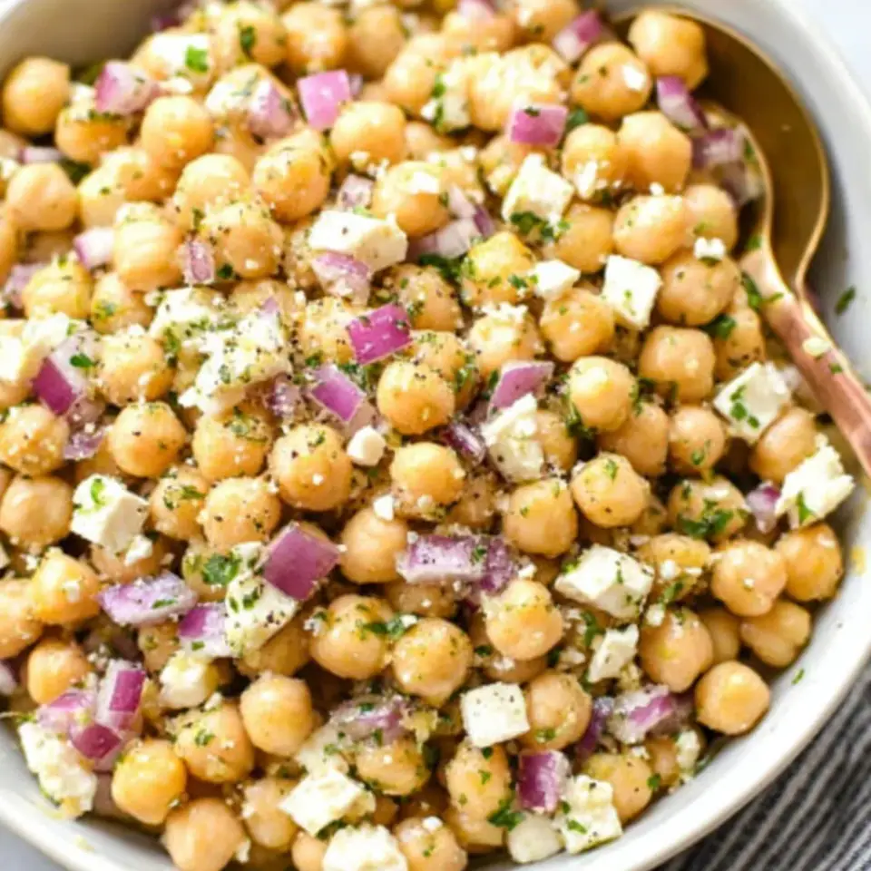 Lemony Chickpea Feta Salad (Gluten Free + Vegan Option), ready to serve
