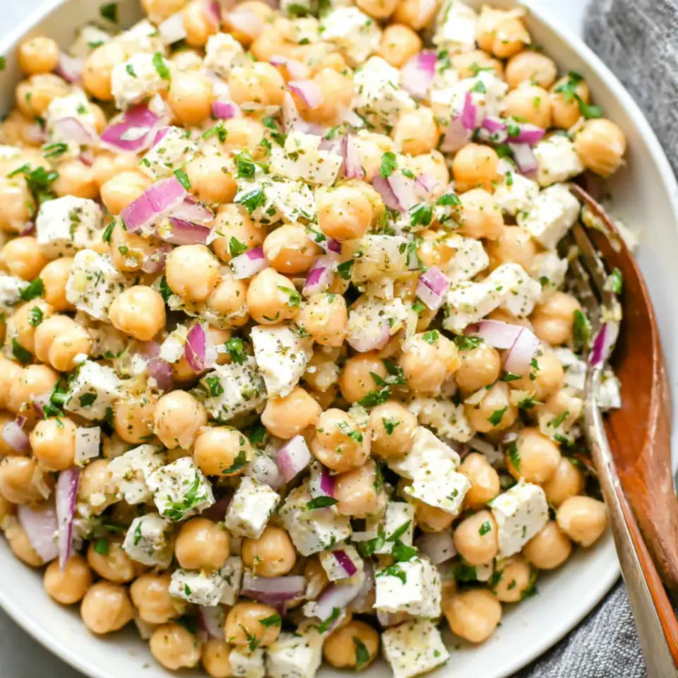 Lemony Chickpea Feta Salad (Gluten Free + Vegan Option) served on the table