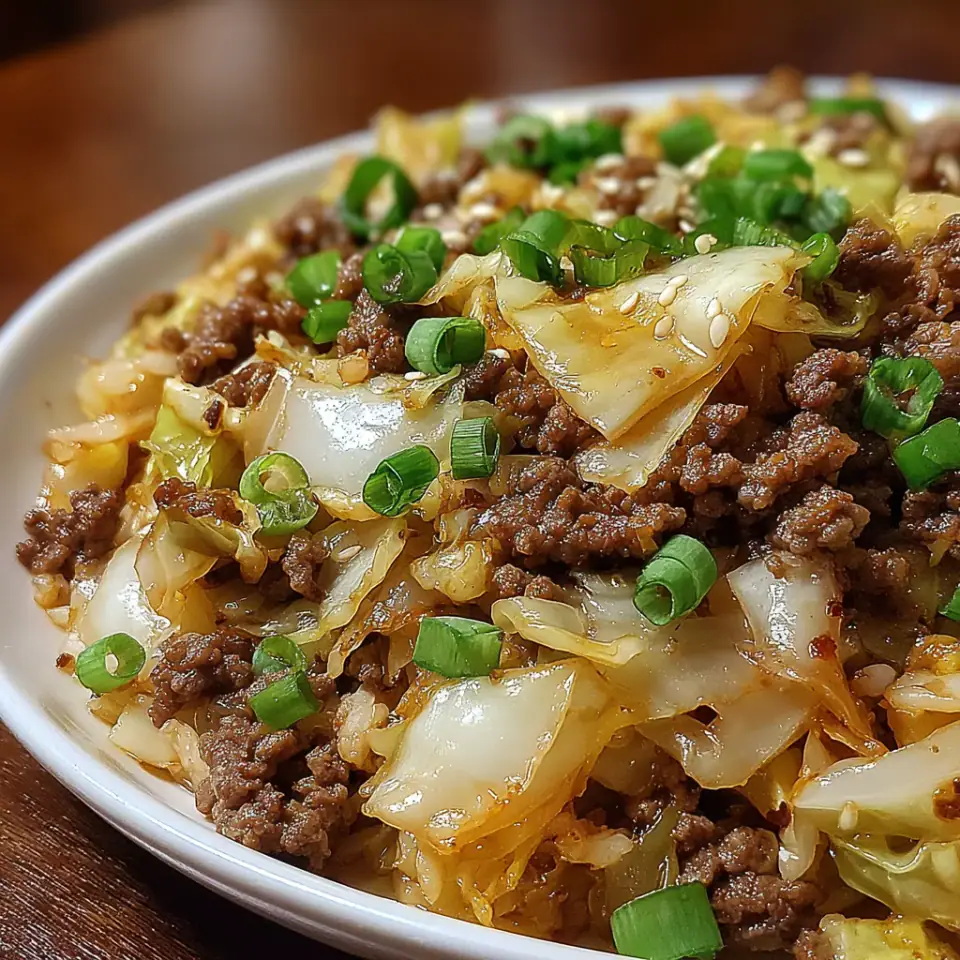 Low-Carb Mongolian Ground Beef and Cabbage served on the table