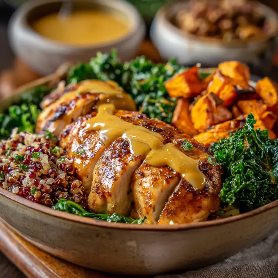 Maple Dijon Chicken & Roasted Sweet Potato Bowls, ready to serve