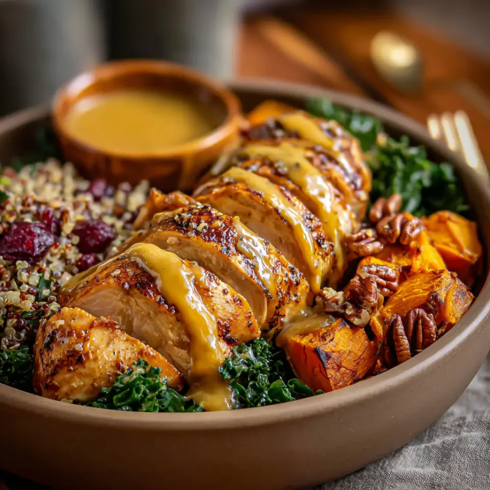 A close look at Maple Dijon Chicken & Roasted Sweet Potato Bowls