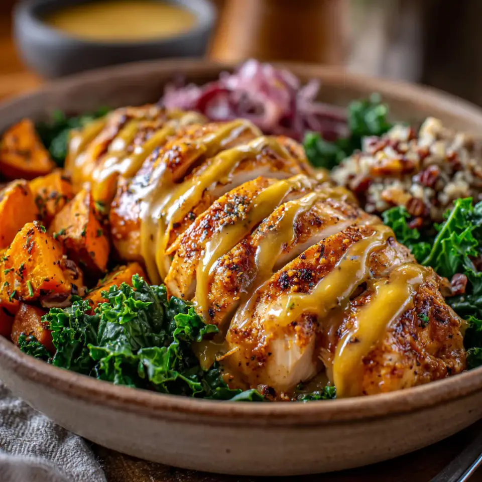 Maple Dijon Chicken & Roasted Sweet Potato Bowls served on the table