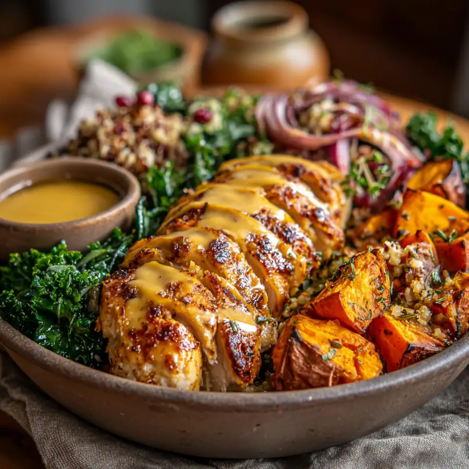Maple Dijon Chicken & Roasted Sweet Potato Bowls